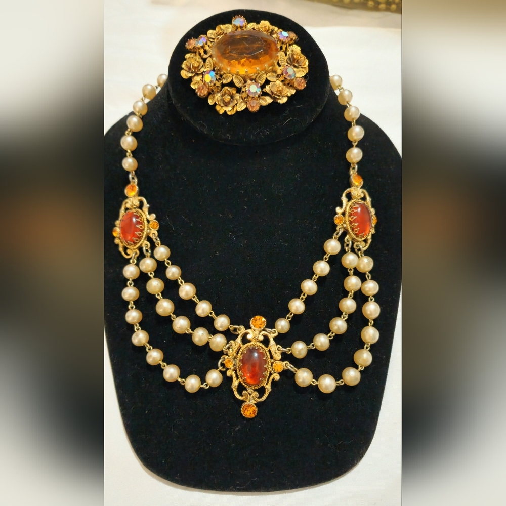 Antique Victorian Citrine Pearl Necklace + Vtg Amber AB BROOCH